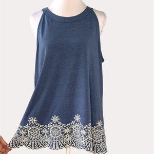 Adrianna Papell Embroidered Scallop Hem Swing Top Knit Blouse Blue L New NWT
